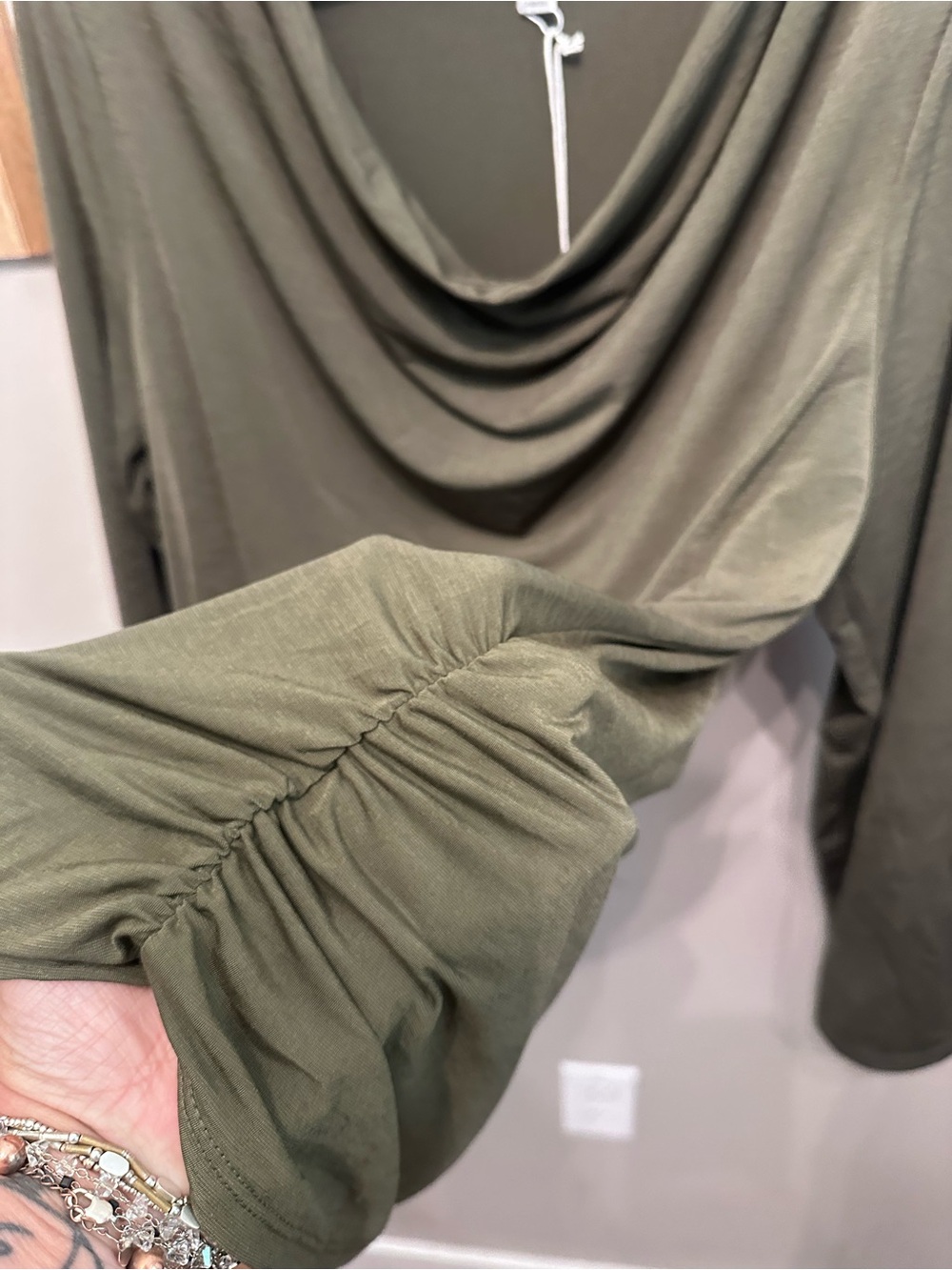 Cowl-Neck Long Sleeve Top in Olive - Lightweight Draped Style - Picture 4 of 5